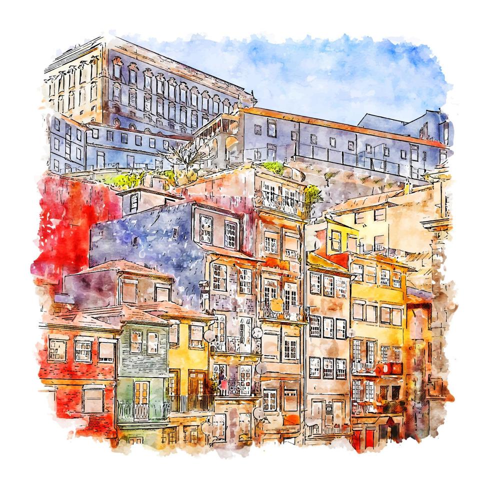 illustrazione disegnata a mano di schizzo dell'acquerello di ribeira porto vettore