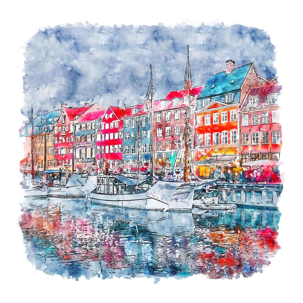 nyhavn kobenhavn danimarca schizzo ad acquerello disegnato a mano illustrazione vettore