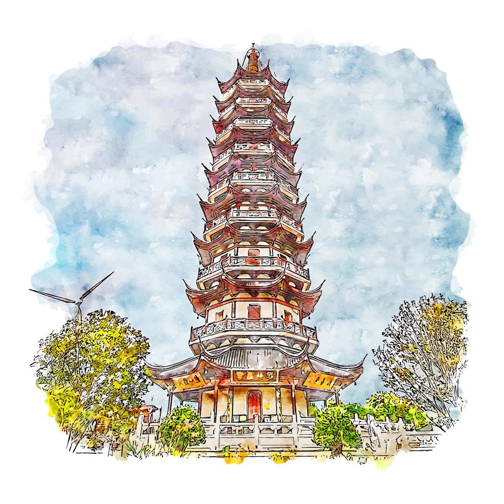 illustrazione disegnata a mano di schizzo dell'acquerello di pagoda shanghai cina vettore