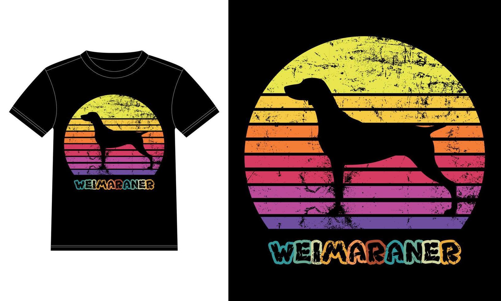 divertente weimaraner retrò vintage tramonto t-shirt design modello, bordo weimaraner, vetrofania auto, baccello, copertina, sfondo bianco isolato, regalo silhouette per amante weimaraner vettore