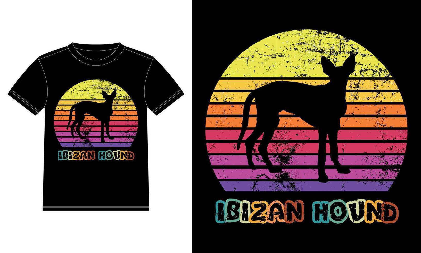 divertente ibizan hound retrò vintage tramonto t-shirt modello design, ibizan hound board, adesivo per finestra auto, baccello, copertina, sfondo bianco isolato, regalo silhouette per amante ibizan hound vettore