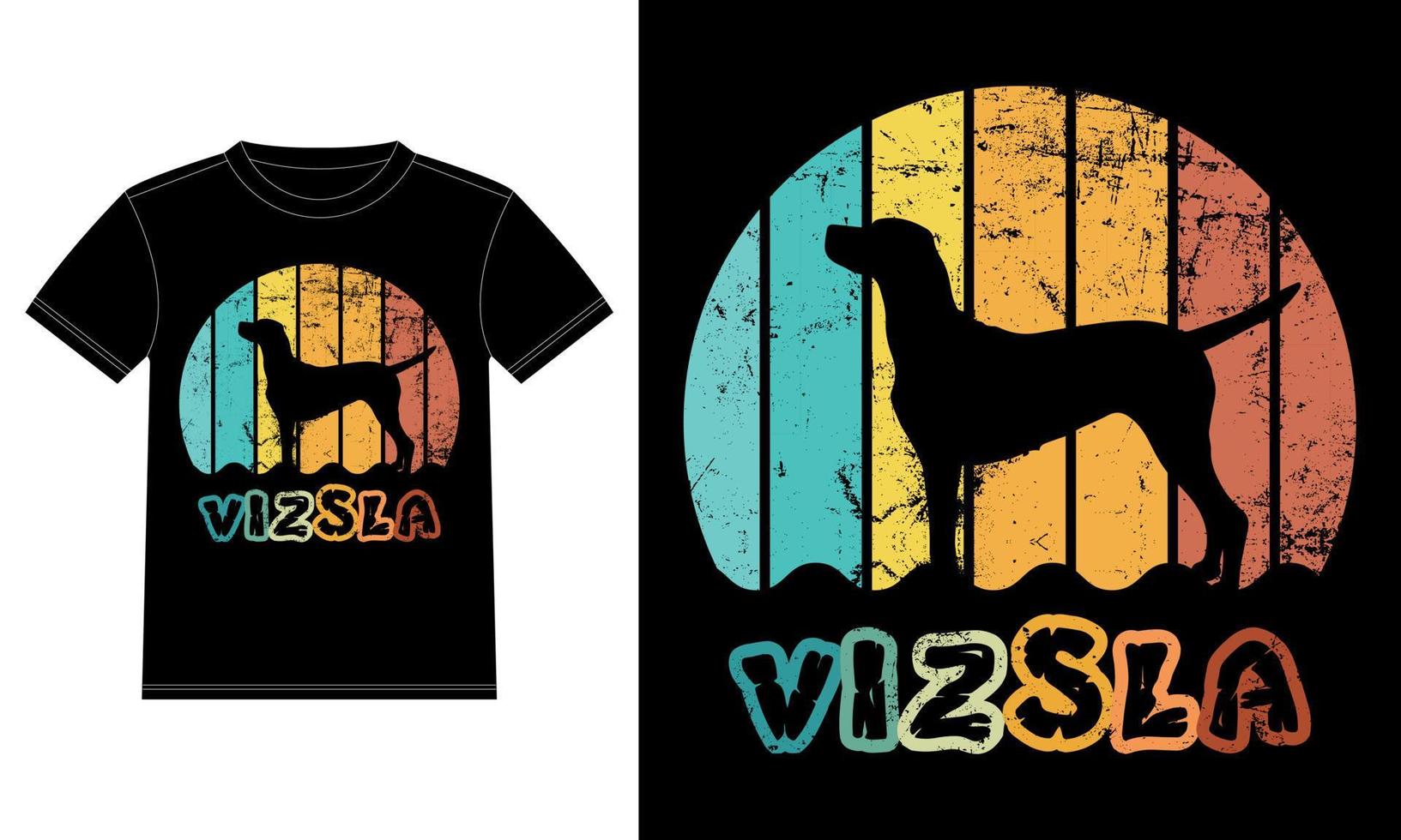 divertente vizsla retrò vintage tramonto t-shirt modello di progettazione, scheda vizsla, vetrofania auto, pod, copertina, sfondo bianco isolato, regalo silhouette per amante di vizsla vettore