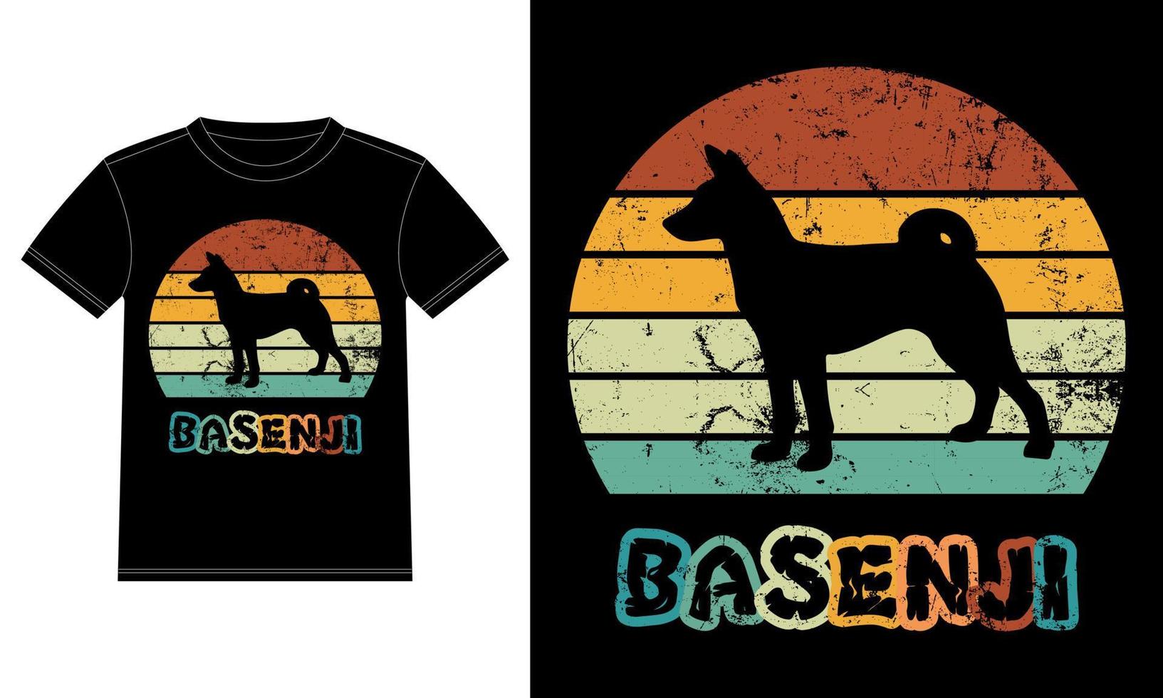 divertente modello basenji retrò vintage tramonto t-shirt design, scheda basenji, adesivo per finestra auto, pod, copertina, sfondo bianco isolato, regalo silhouette per amante di basenji vettore