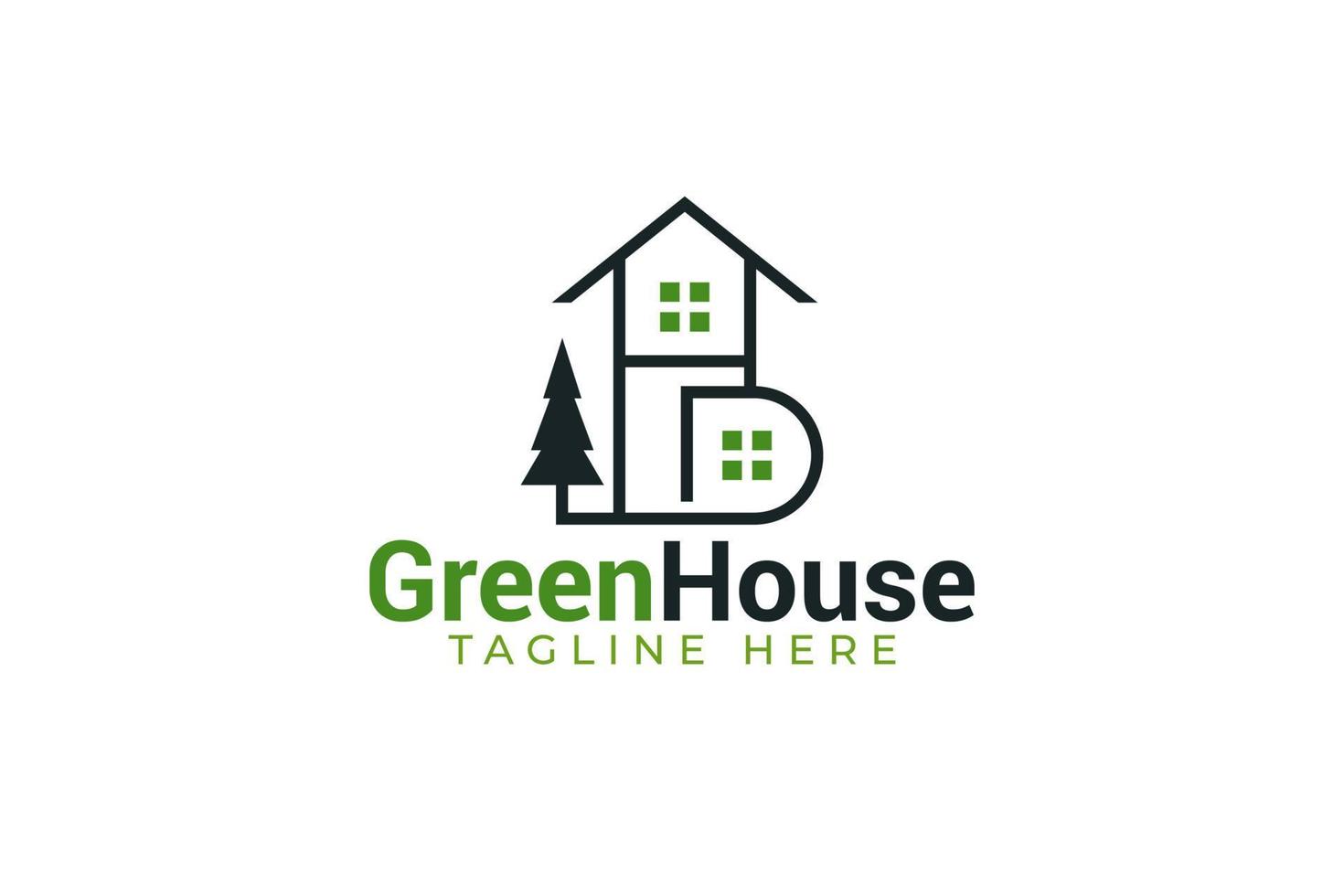 logo della casa verde con una combinazione di una casa, un pino e una lettera hd come icona. vettore