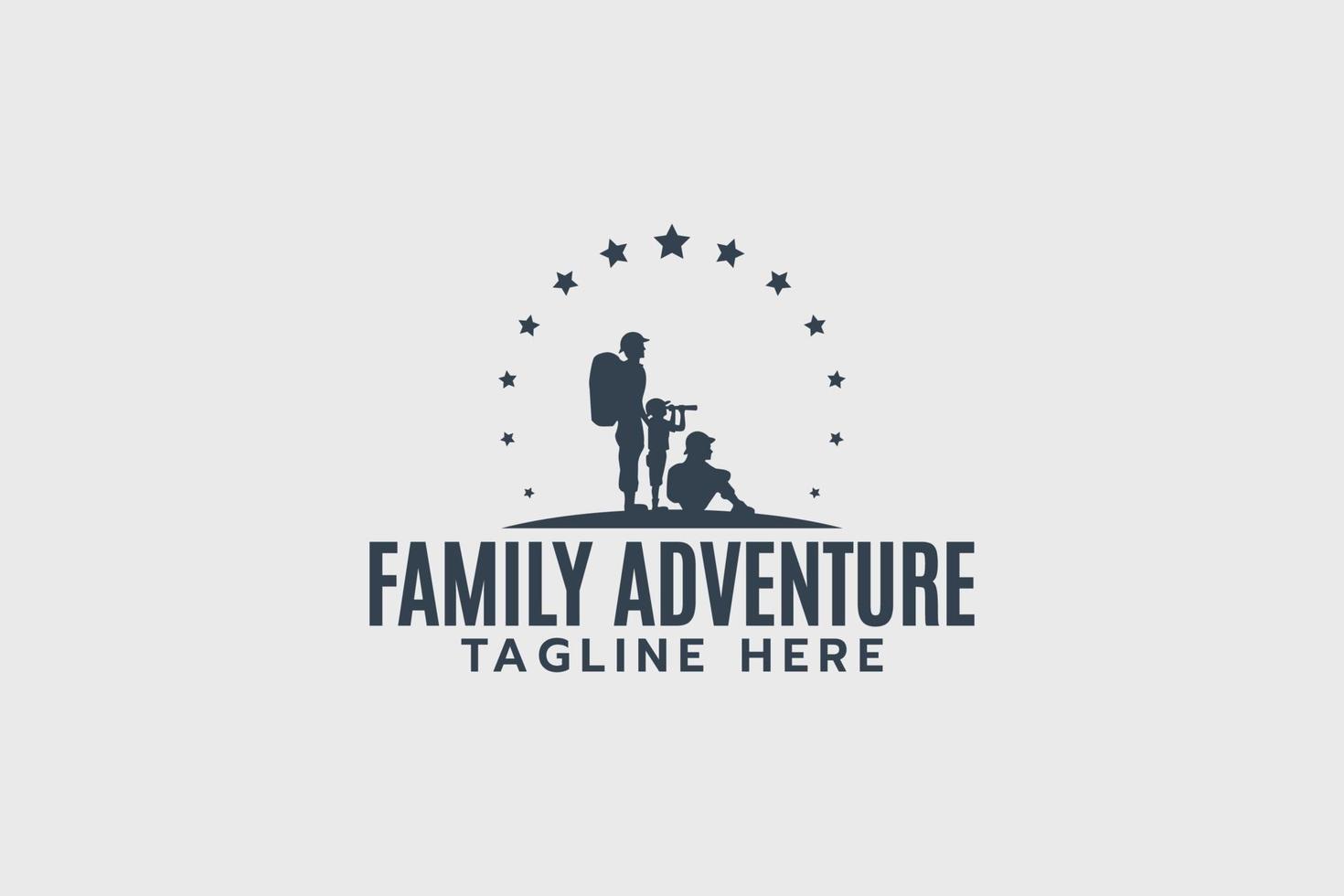 logo dell'avventura in famiglia con l'immagine di padre, madre e bambino che si divertono a fare attività all'aperto. vettore