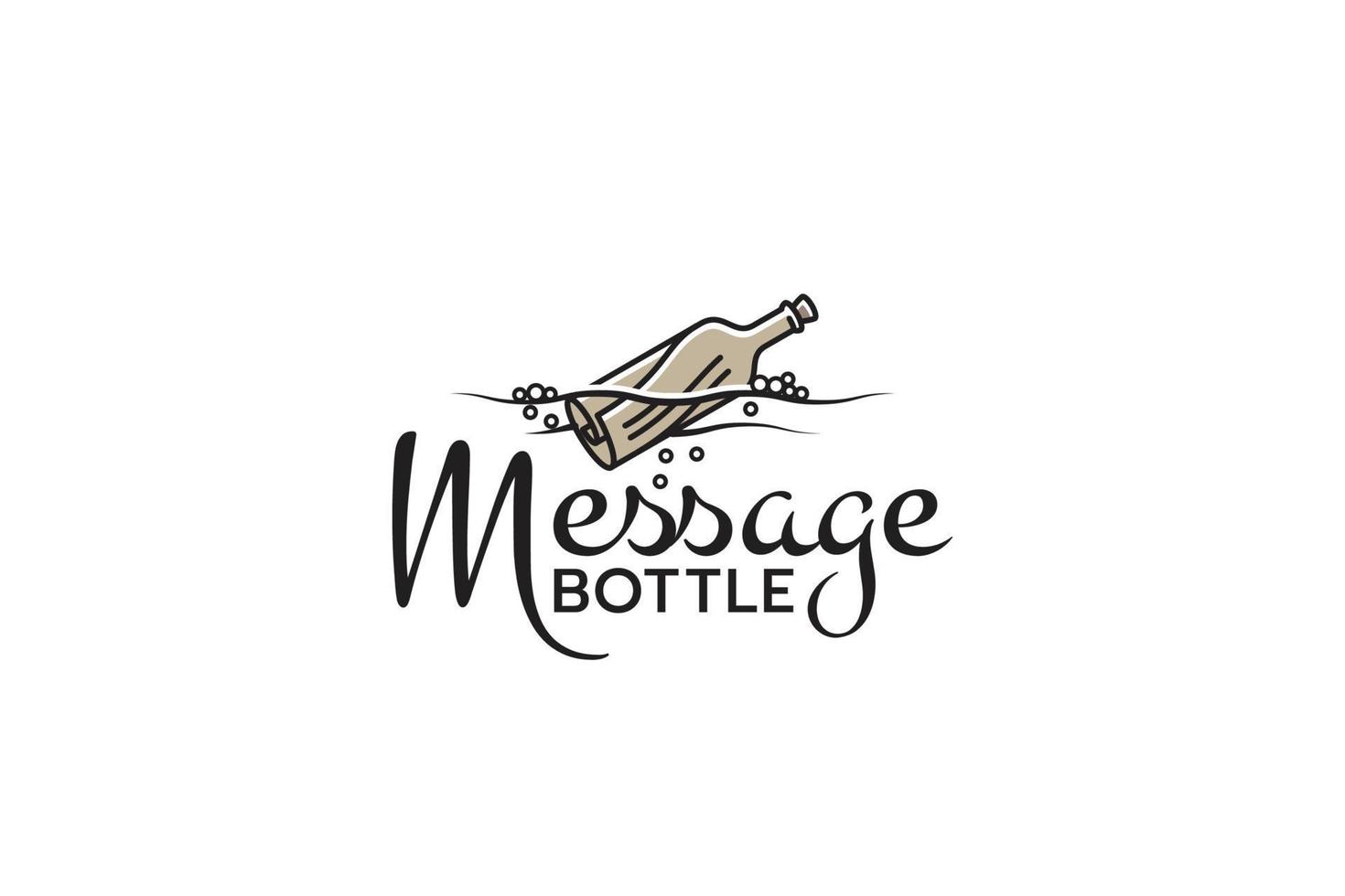 logo della bottiglia di messaggio con una combinazione di bottiglia e carta che galleggia sull'acqua. vettore