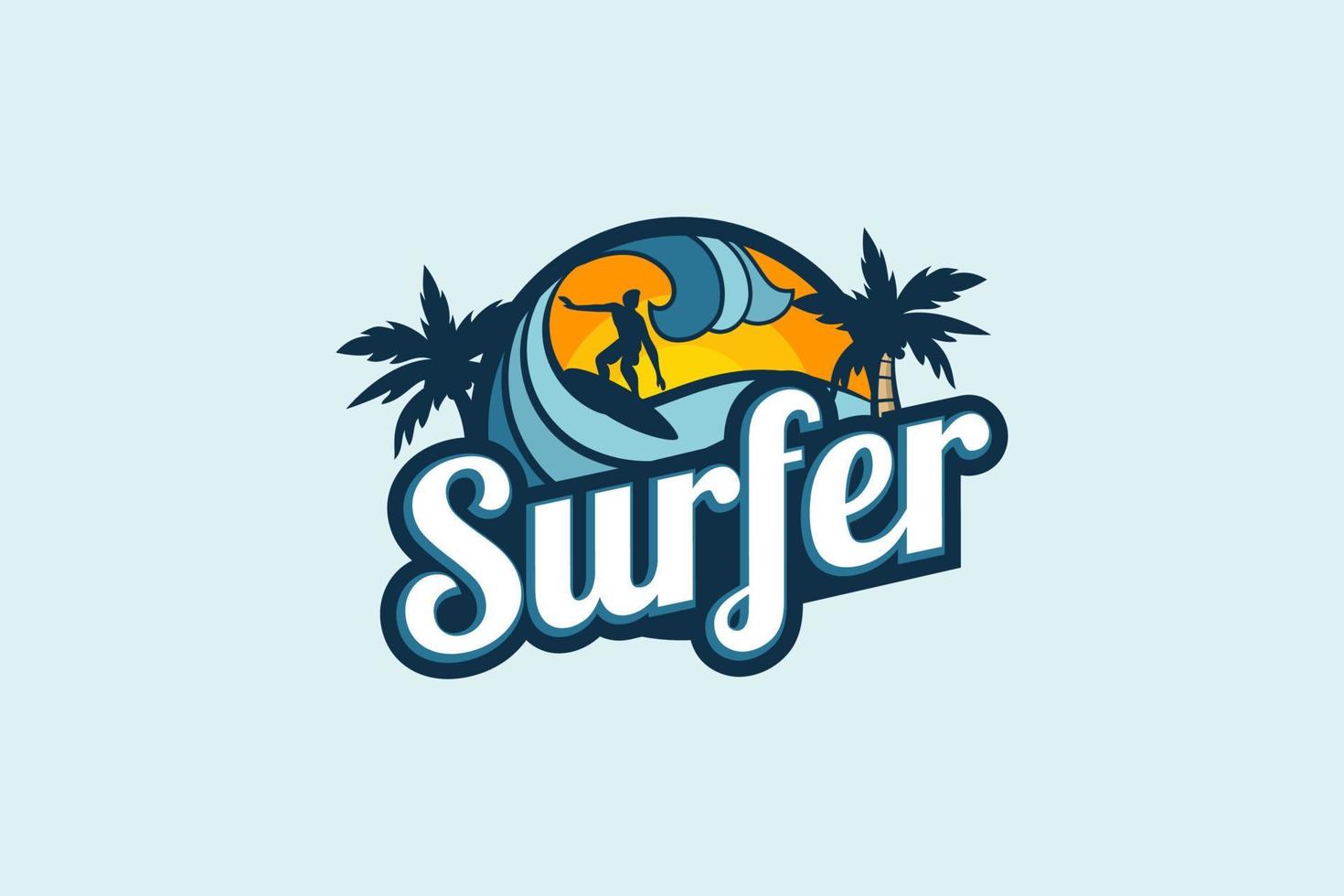 logo surfista con una combinazione di uomo, onde, spiaggia, palma e scritte alla moda. vettore