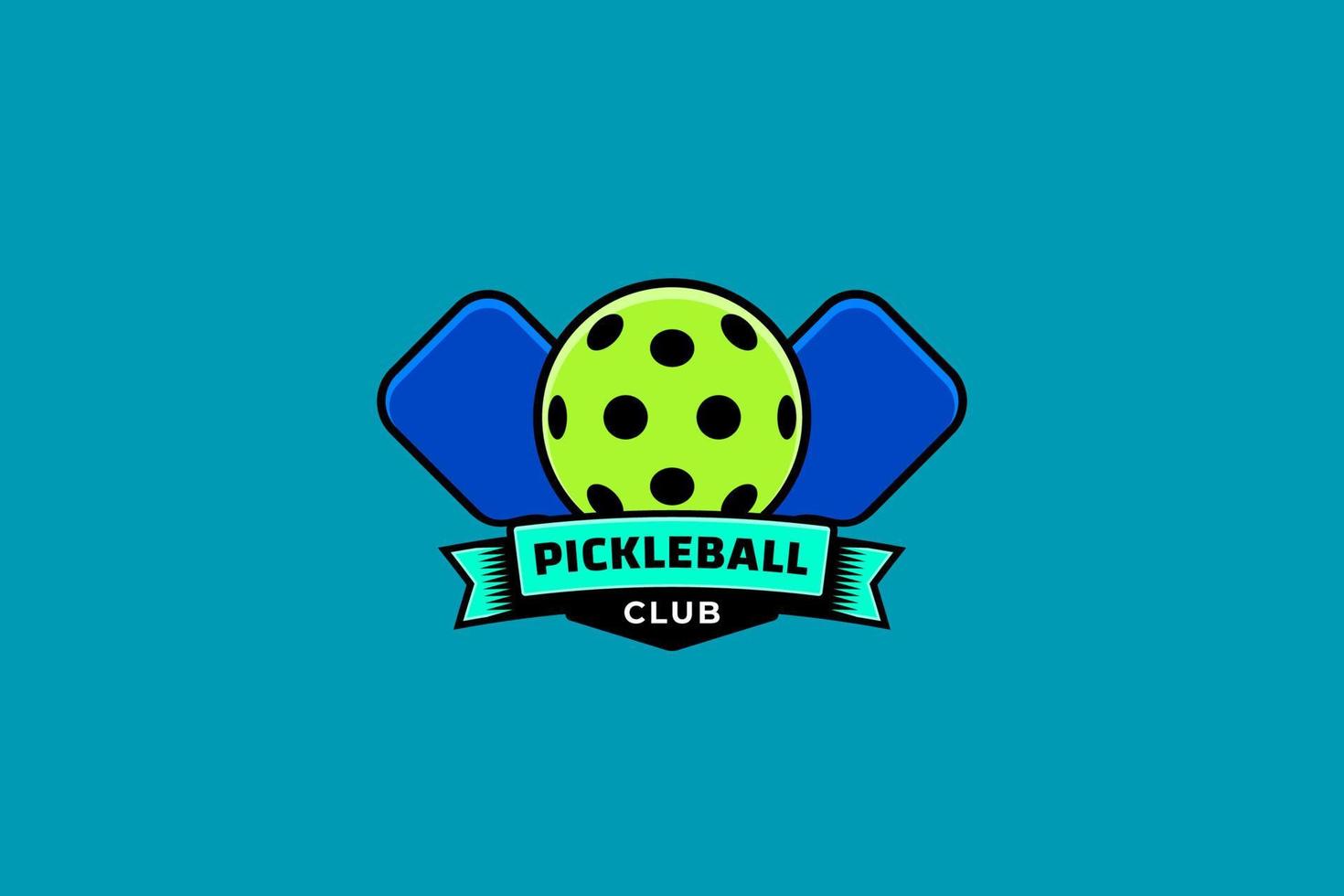 logo del club di pickleball con combinazione di una palla e paddle vettore