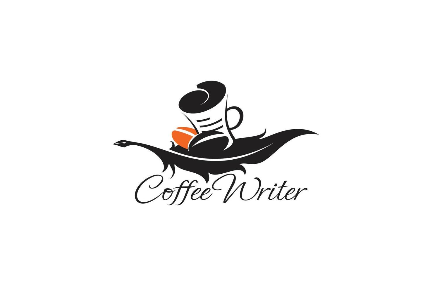 logo dello scrittore di caffè con una combinazione di chicchi di caffè, tazza, carta e penna piuma. vettore