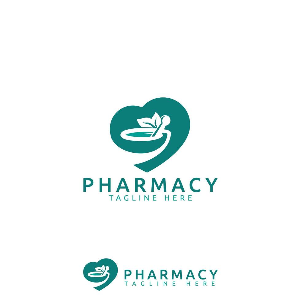 logo della farmacia con immagine vettoriale di amore, foglie, mortaio e pestello. il migliore per qualsiasi attività commerciale, in particolare per farmacia, medicina, assistenza sanitaria e medicina.