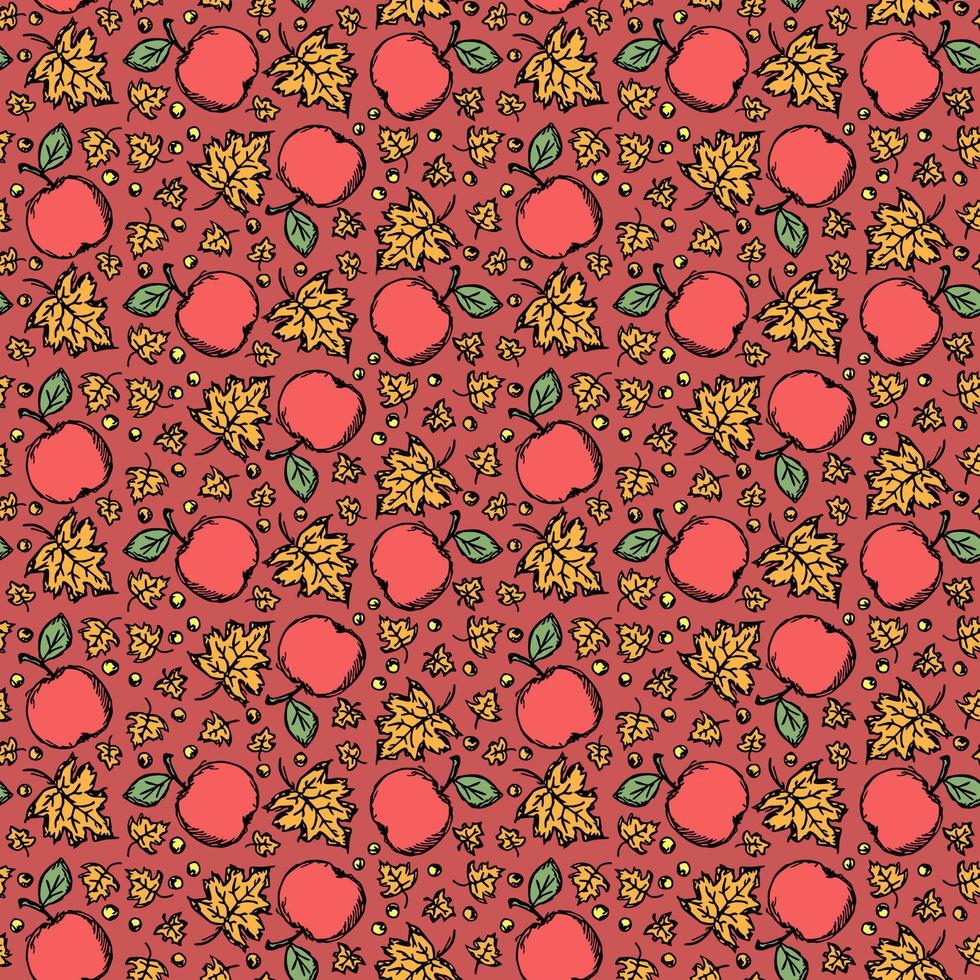 modello autunnale senza cuciture con mele e foglie. sfondo di mele rosse e foglie d'acero. modello di mela vettore