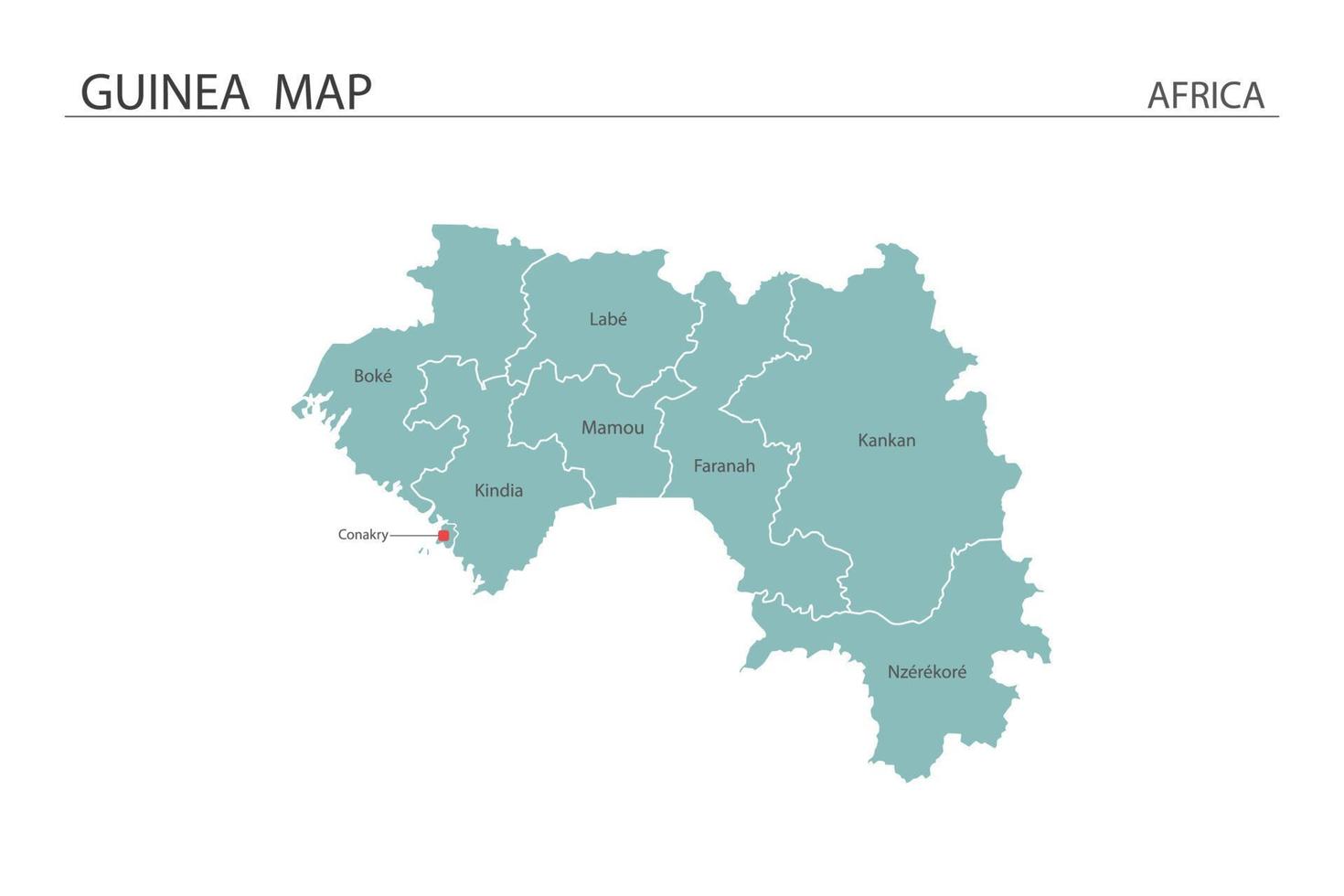 illustrazione vettoriale della mappa della Guinea su sfondo bianco. la mappa ha tutta la provincia e segna la capitale della guinea.