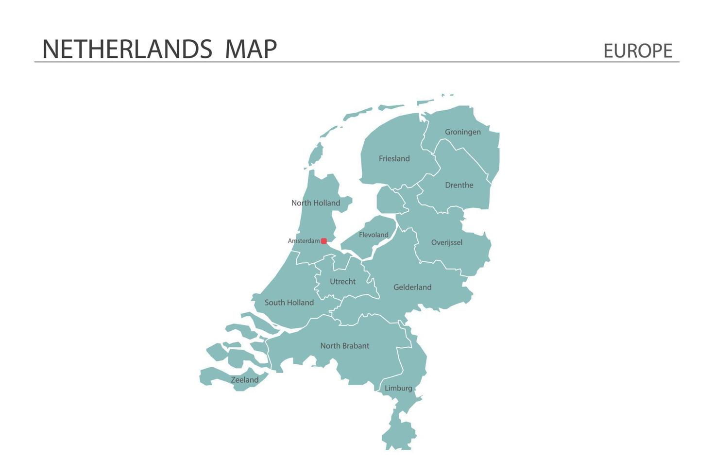 Paesi Bassi mappa vettoriale su sfondo bianco. la mappa ha tutte le province e segna la capitale dei Paesi Bassi.