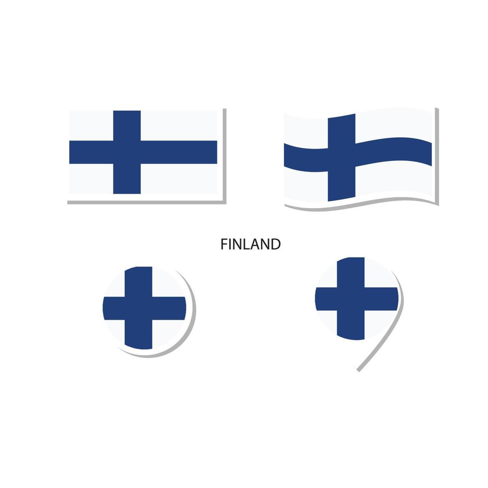 set di icone con logo bandiera finlandia, icone piatte rettangolari, forma circolare, pennarello con bandiere. vettore