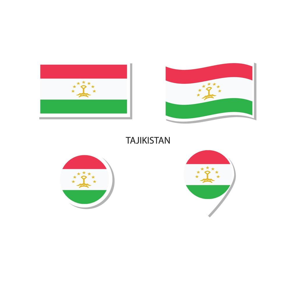 set di icone logo bandiera tagikistan, icone piatte rettangolari, forma circolare, pennarello con bandiere. vettore