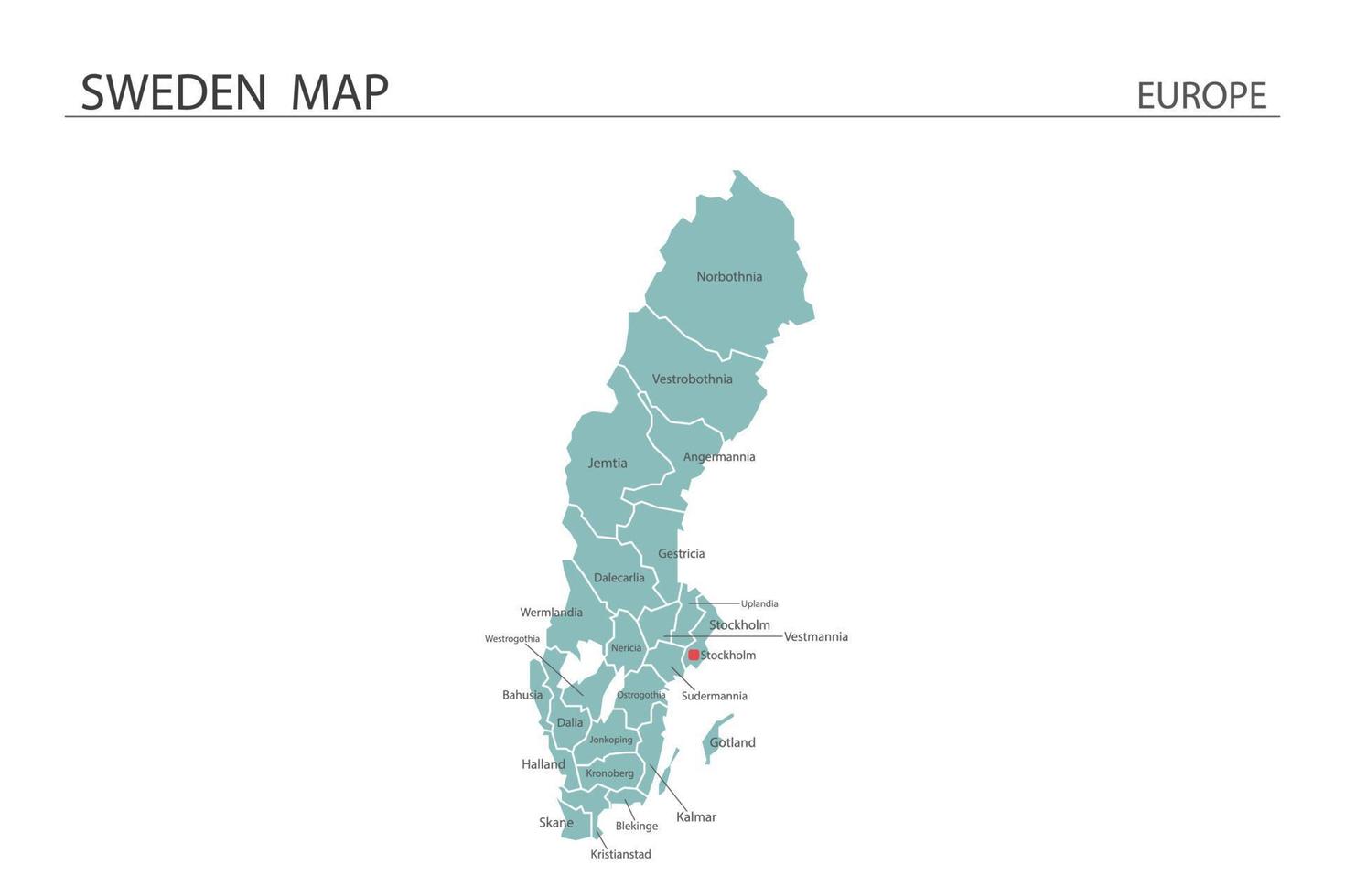 vettore mappa svezia su sfondo bianco. la mappa ha tutte le province e segna la capitale della svezia.