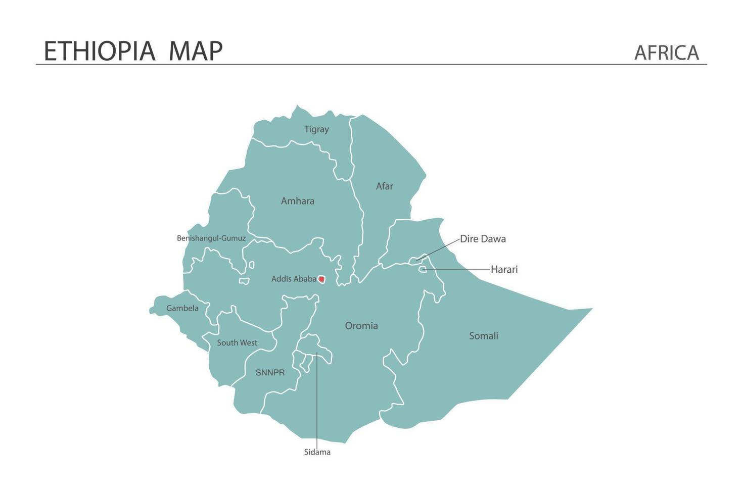 illustrazione vettoriale della mappa dell'Etiopia su sfondo bianco. la mappa ha tutte le province e segna la capitale dell'Etiopia.