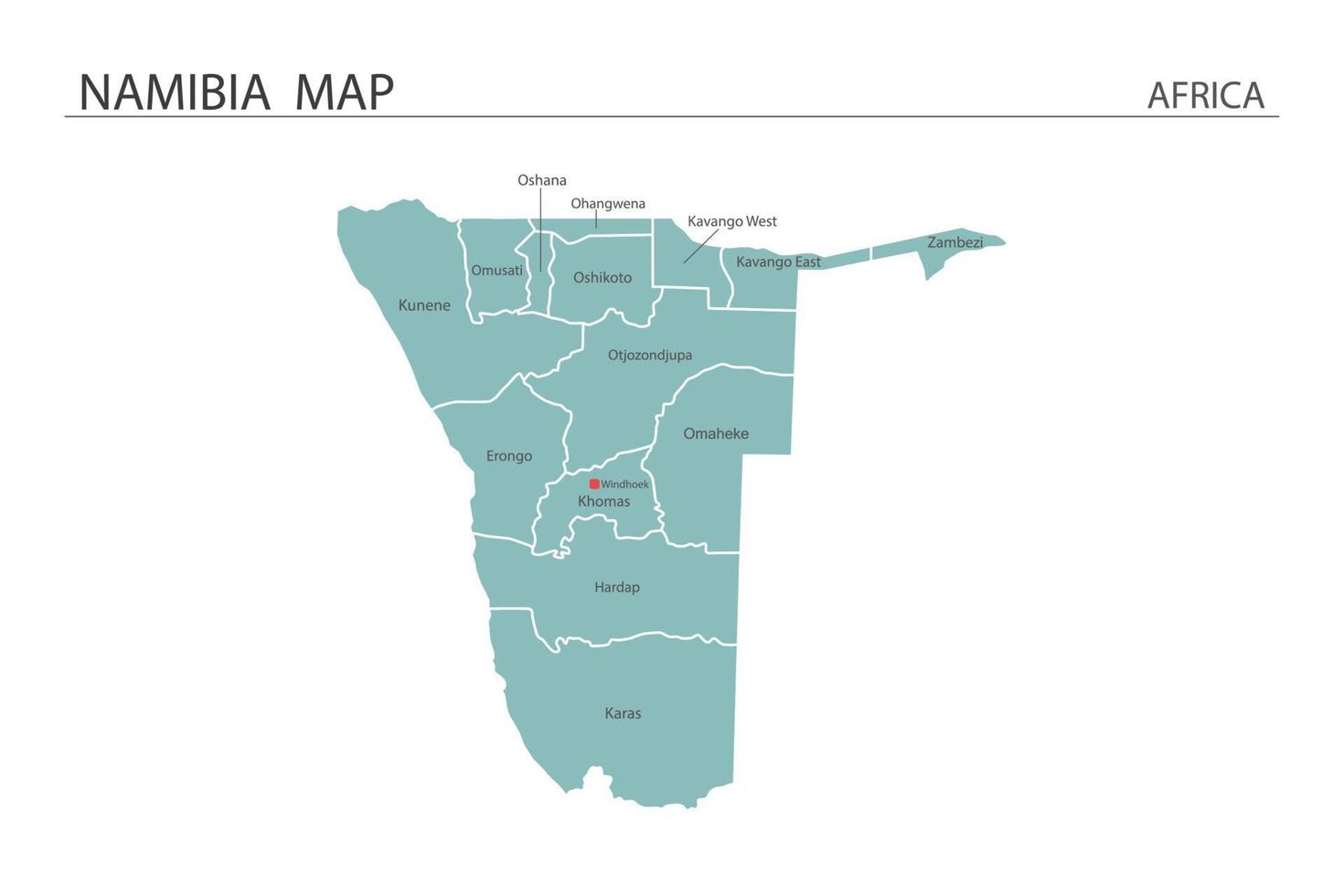 illustrazione vettoriale della mappa della Namibia su sfondo bianco. la mappa ha tutta la provincia e segna la capitale della namibia.