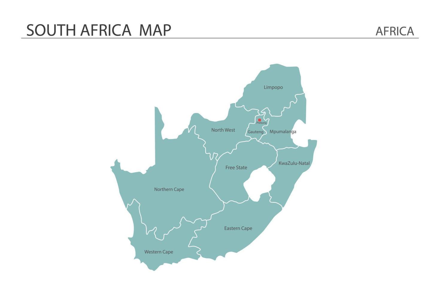 illustrazione vettoriale della mappa del sud africa su sfondo bianco. la mappa ha tutte le province e segna la capitale del sud africa.