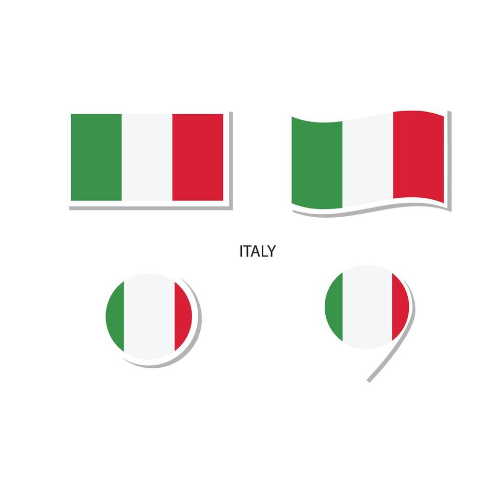 set di icone logo bandiera italia, icone piatte rettangolari, forma circolare, pennarello con bandiere. vettore