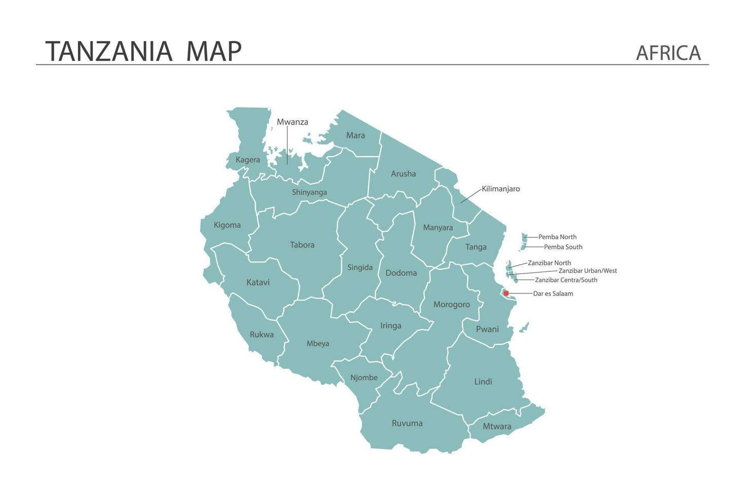 illustrazione vettoriale della mappa della tanzania su sfondo bianco. la mappa ha tutta la provincia e segna il capoluogo della tanzania.