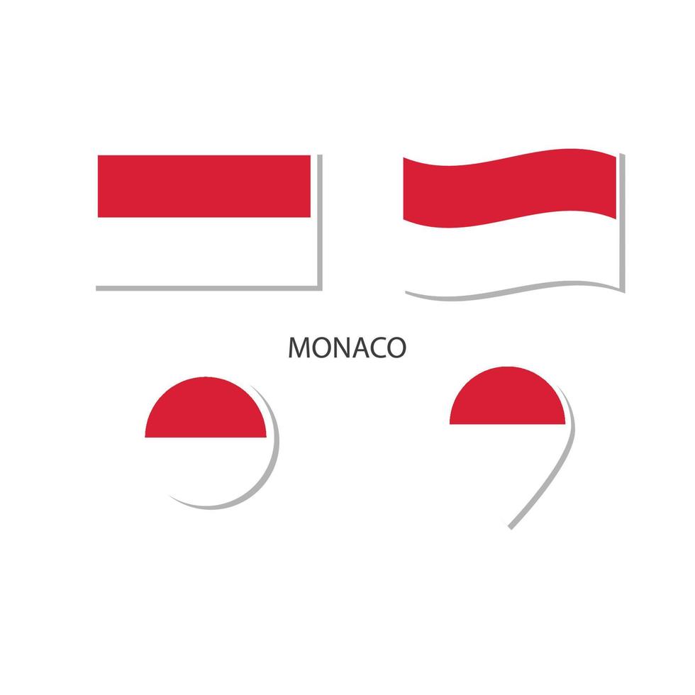 set di icone logo bandiera monaco, icone piatte rettangolari, forma circolare, pennarello con bandiere. vettore
