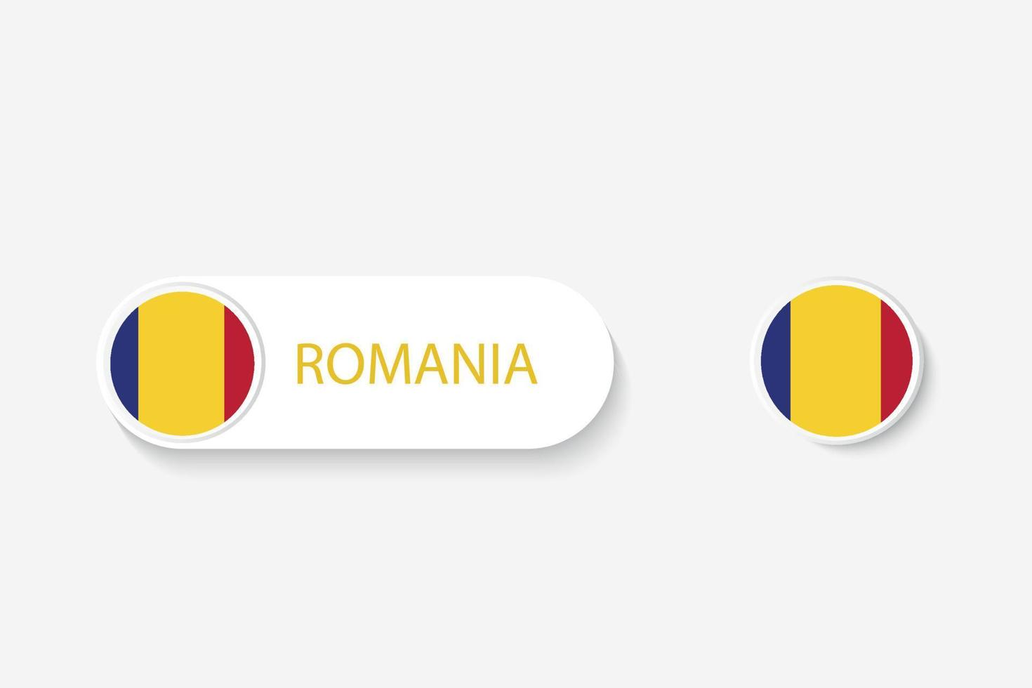 bandiera del pulsante della romania nell'illustrazione di forma ovale con la parola della romania. e pulsante bandiera romania. vettore