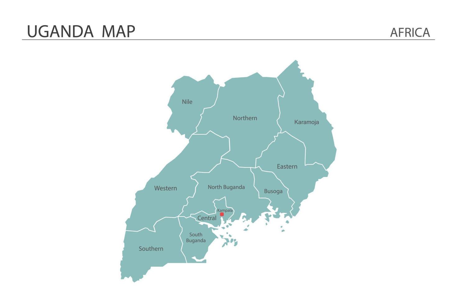 illustrazione vettoriale della mappa dell'uganda su sfondo bianco. la mappa ha tutta la provincia e segna la capitale dell'uganda.