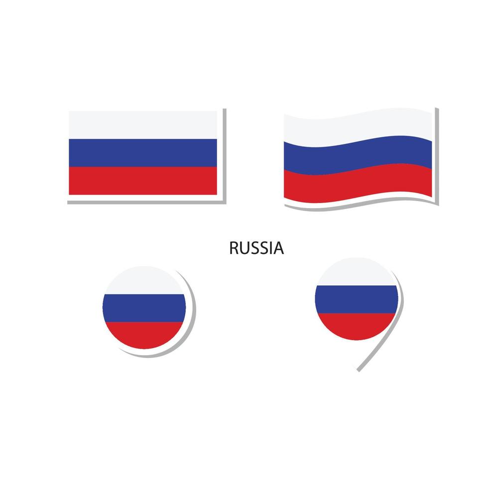 set di icone logo bandiera russia, icone piatte rettangolari, forma circolare, pennarello con bandiere. vettore