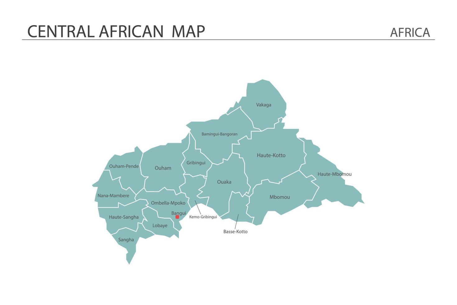illustrazione vettoriale della mappa dell'Africa centrale su sfondo bianco. la mappa ha tutta la provincia e segna la capitale dell'Africa centrale.