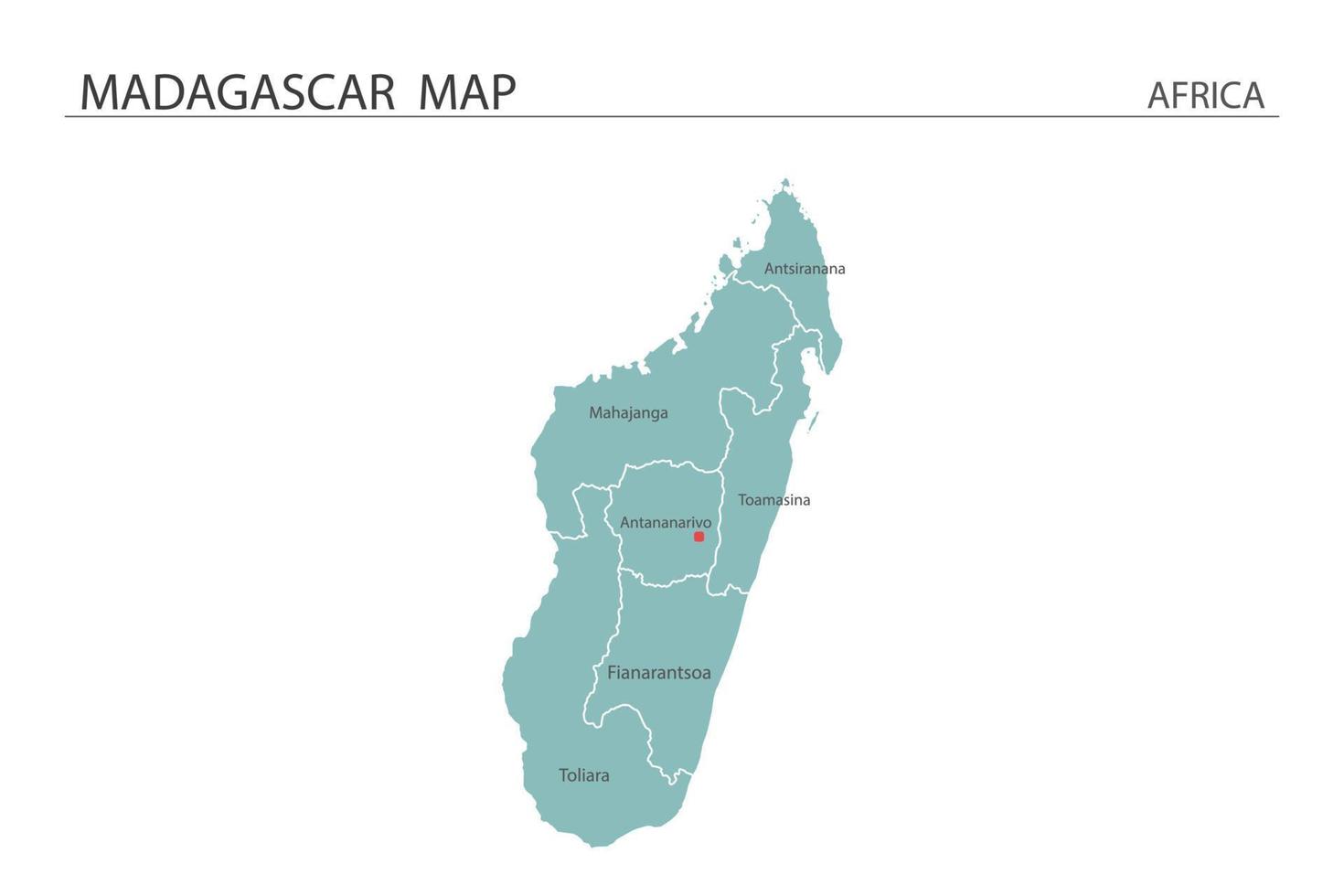 illustrazione vettoriale della mappa del madagascar su sfondo bianco. la mappa ha tutte le province e segna la capitale del madagascar.