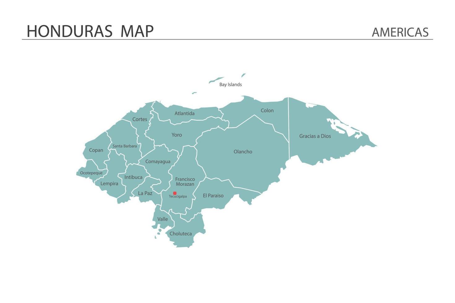 illustrazione vettoriale della mappa dell'honduras su sfondo bianco. la mappa ha tutta la provincia e segna la capitale dell'honduras.