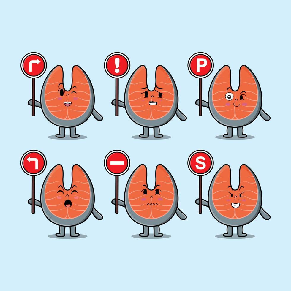 simpatico cartone animato salmone fresco con cartello stradale vettore