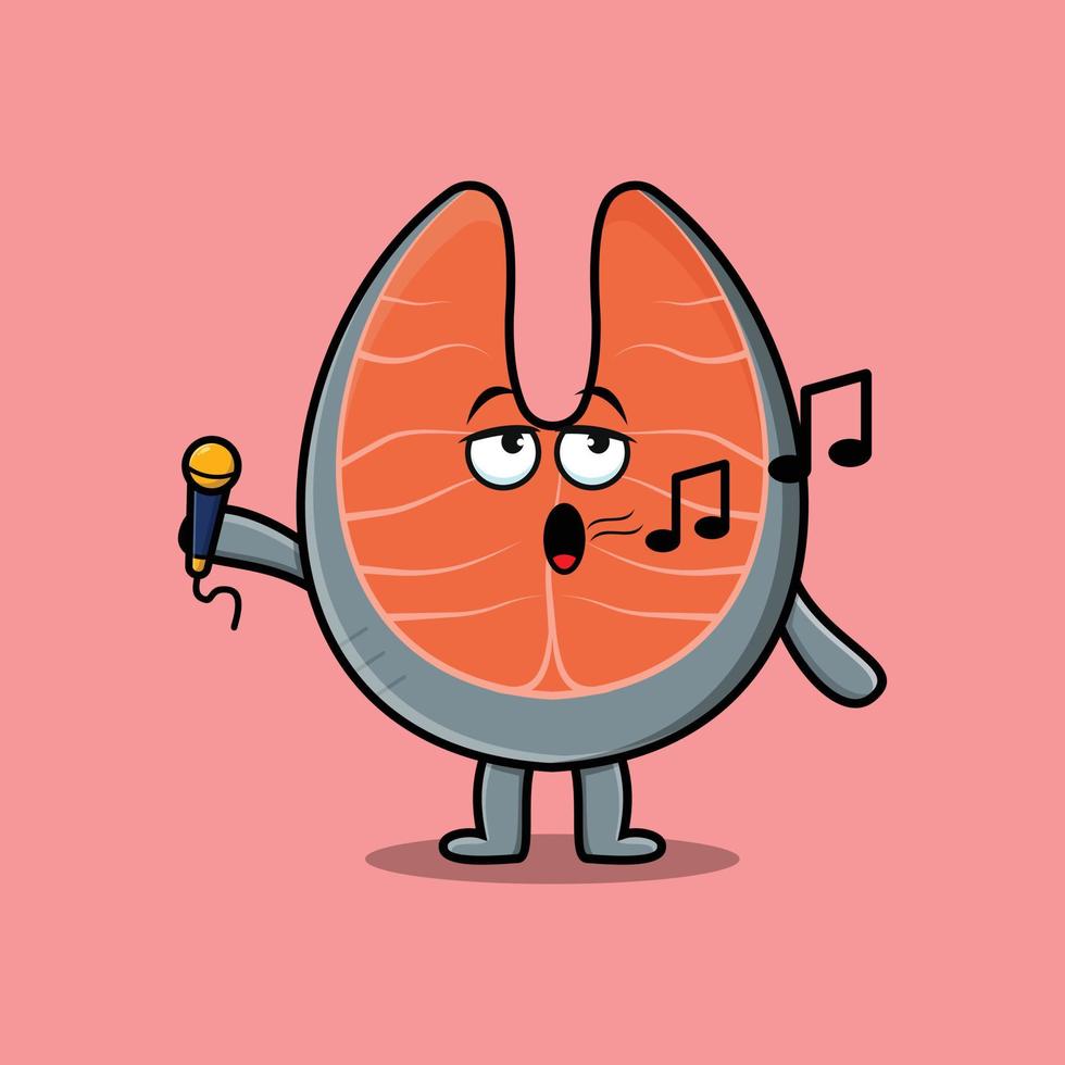 cantante di salmone fresco simpatico cartone animato con microfono vettore