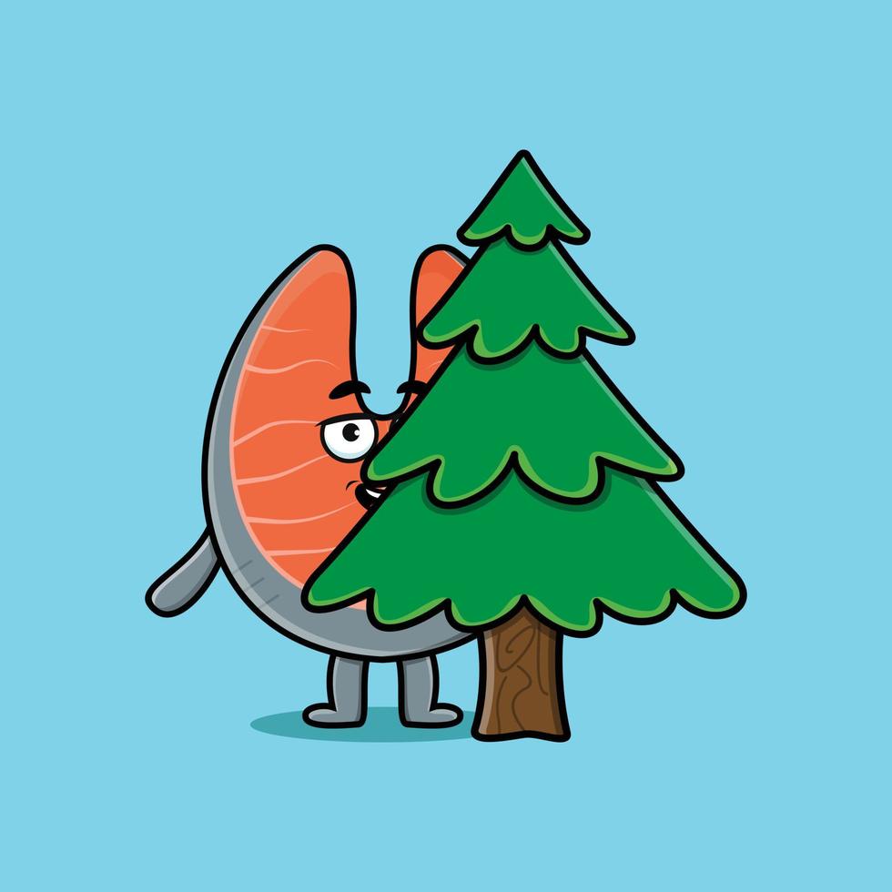simpatico cartone animato salmone fresco personaggio che nasconde albero vettore