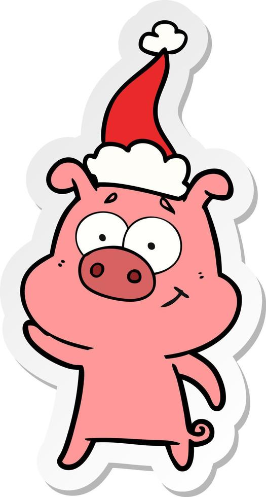 cartone animato adesivo felice di un maiale che indossa il cappello di Babbo Natale vettore