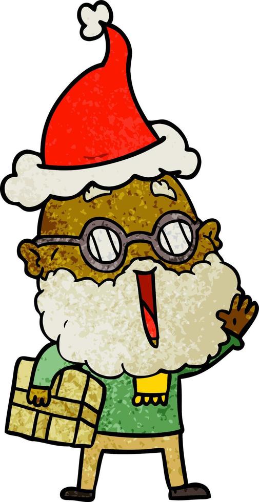cartone animato testurizzato di un uomo gioioso con barba e pacco sotto il braccio che indossa il cappello di Babbo Natale vettore