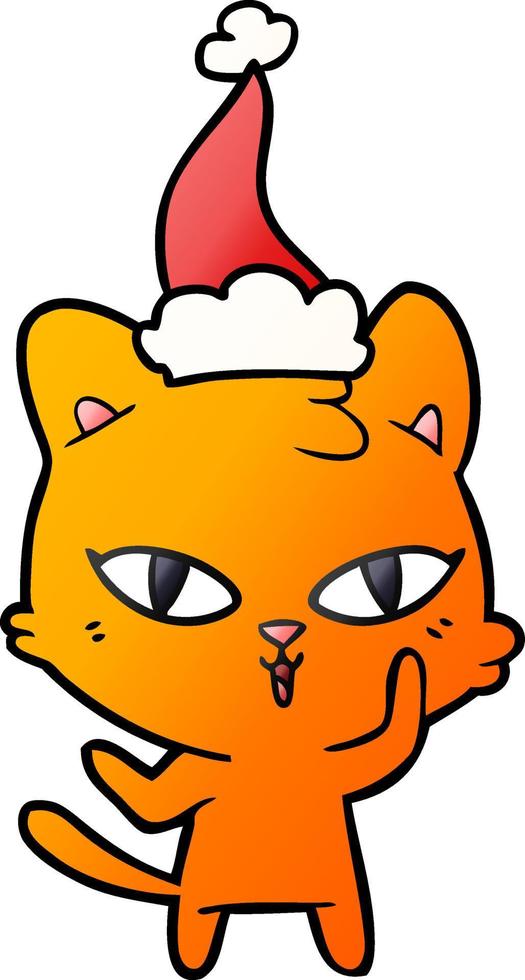 cartone animato sfumato di un gatto che indossa il cappello di Babbo Natale vettore