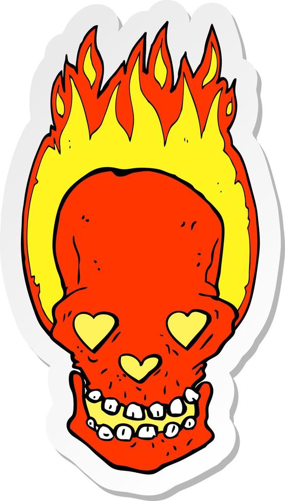 adesivo di un cartone animato teschio fiammeggiante con occhi di cuore d'amore vettore
