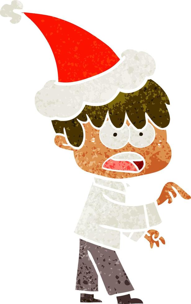 cartone animato retrò preoccupato di un ragazzo che indossa il cappello di Babbo Natale vettore