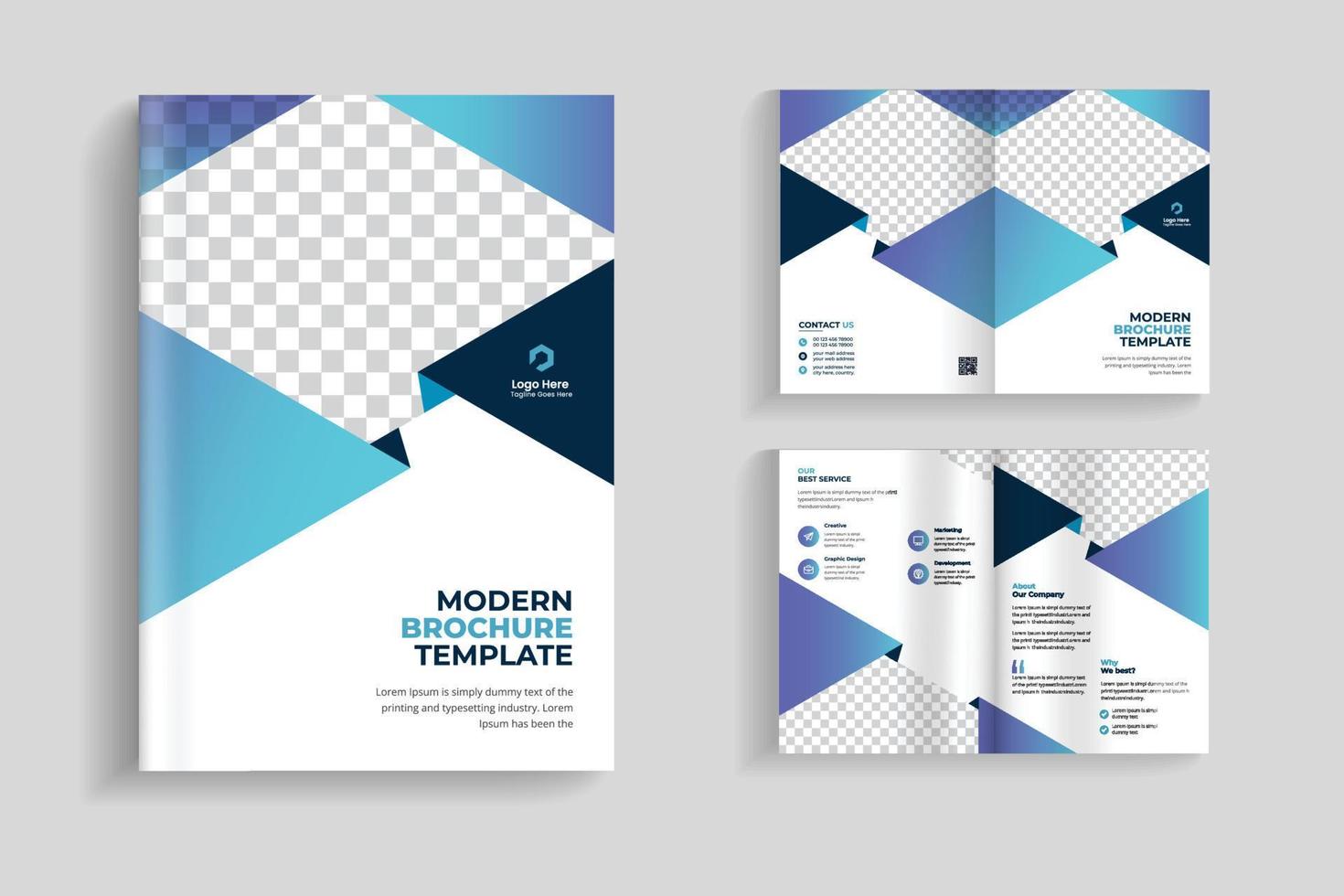Design di brochure bifold multiuso pulito e minimale di 4 pagine o design di brochure aziendale aziendale. design del modello di brochure completamente organizzato e modificabile. vettore
