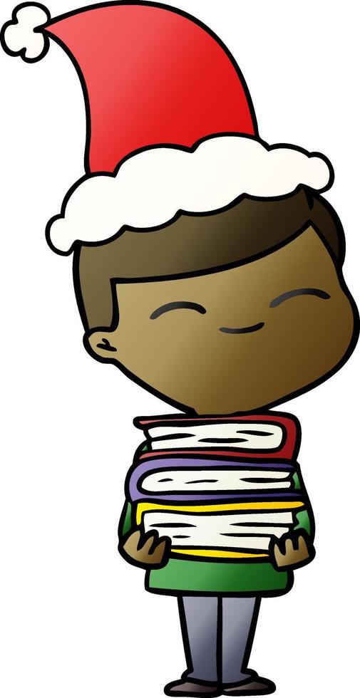 cartone animato sfumato di un ragazzo sorridente con una pila di libri che indossa il cappello di Babbo Natale vettore