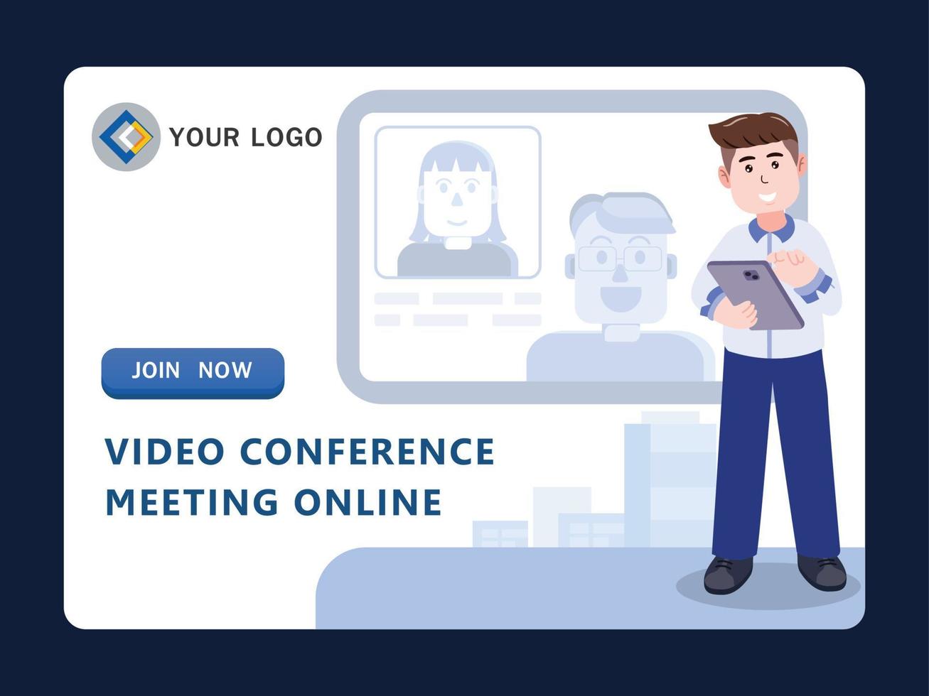 riunione di videoconferenza aziendale online, comunicazione, illustrazione vettoriale del personaggio dei cartoni animati.