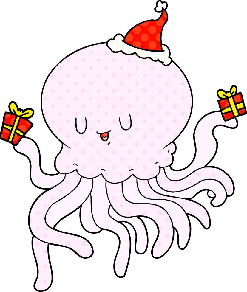 illustrazione in stile fumetto di una medusa innamorata che indossa il cappello di Babbo Natale vettore