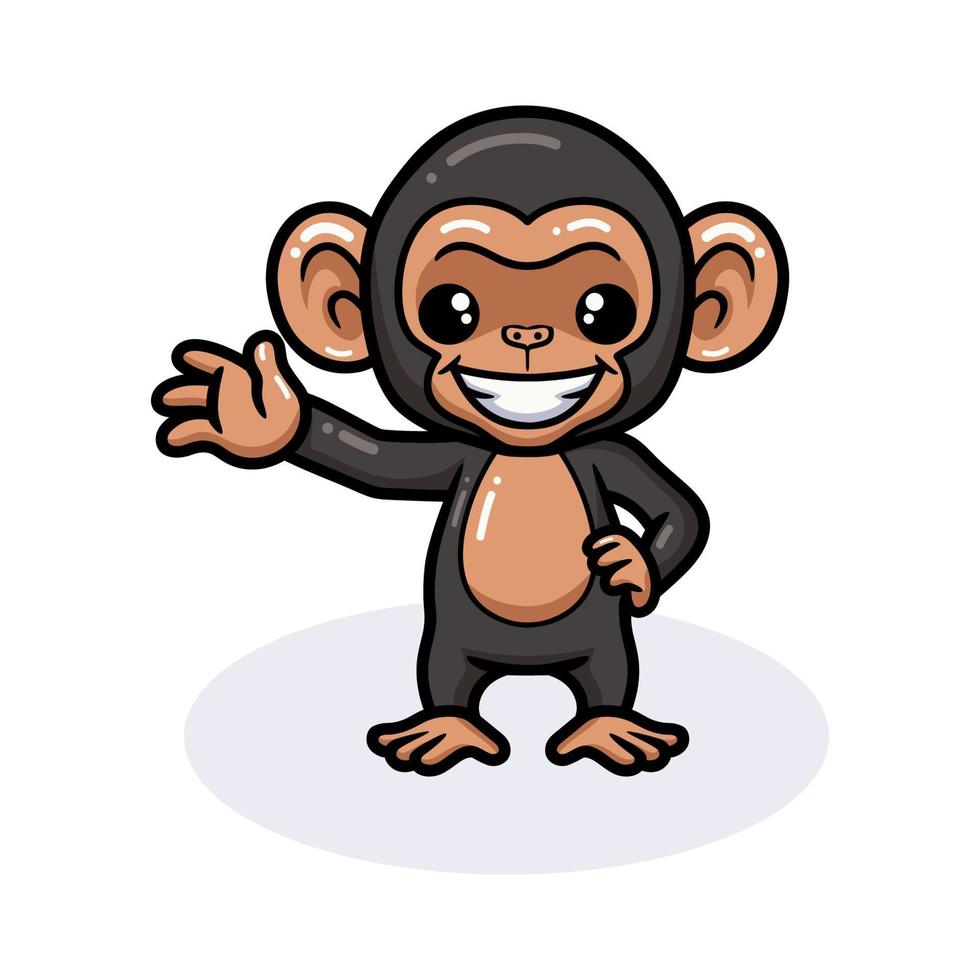simpatico cartone animato scimpanzé bambino agitando la mano vettore
