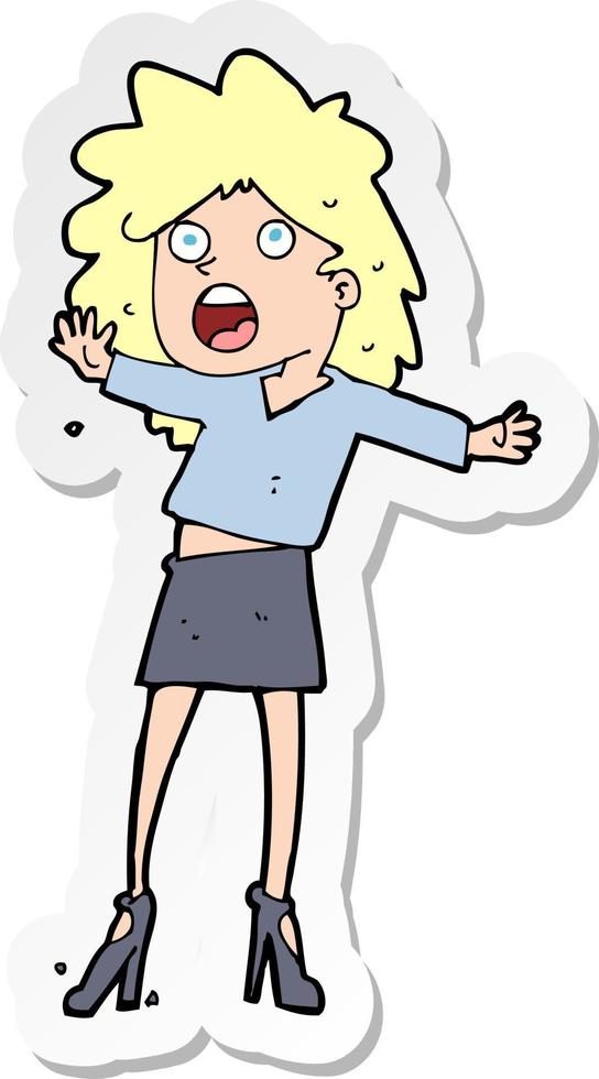 adesivo di una donna cartone animato che ha difficoltà a camminare con i tacchi vettore