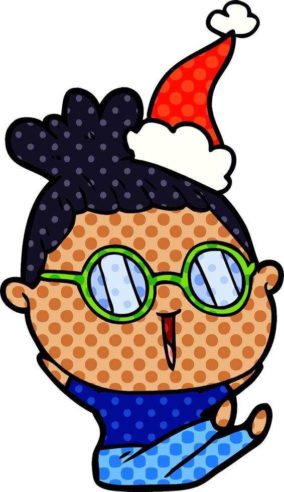 illustrazione in stile fumetto di una donna che indossa occhiali con cappello da Babbo Natale vettore