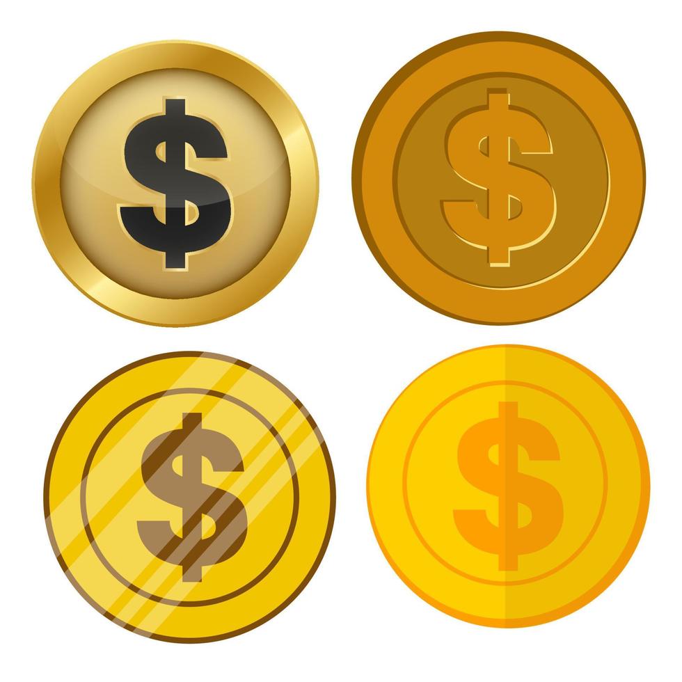 quattro diverse monete d'oro di stile con noi dollaro simbolo di valuta insieme di vettore