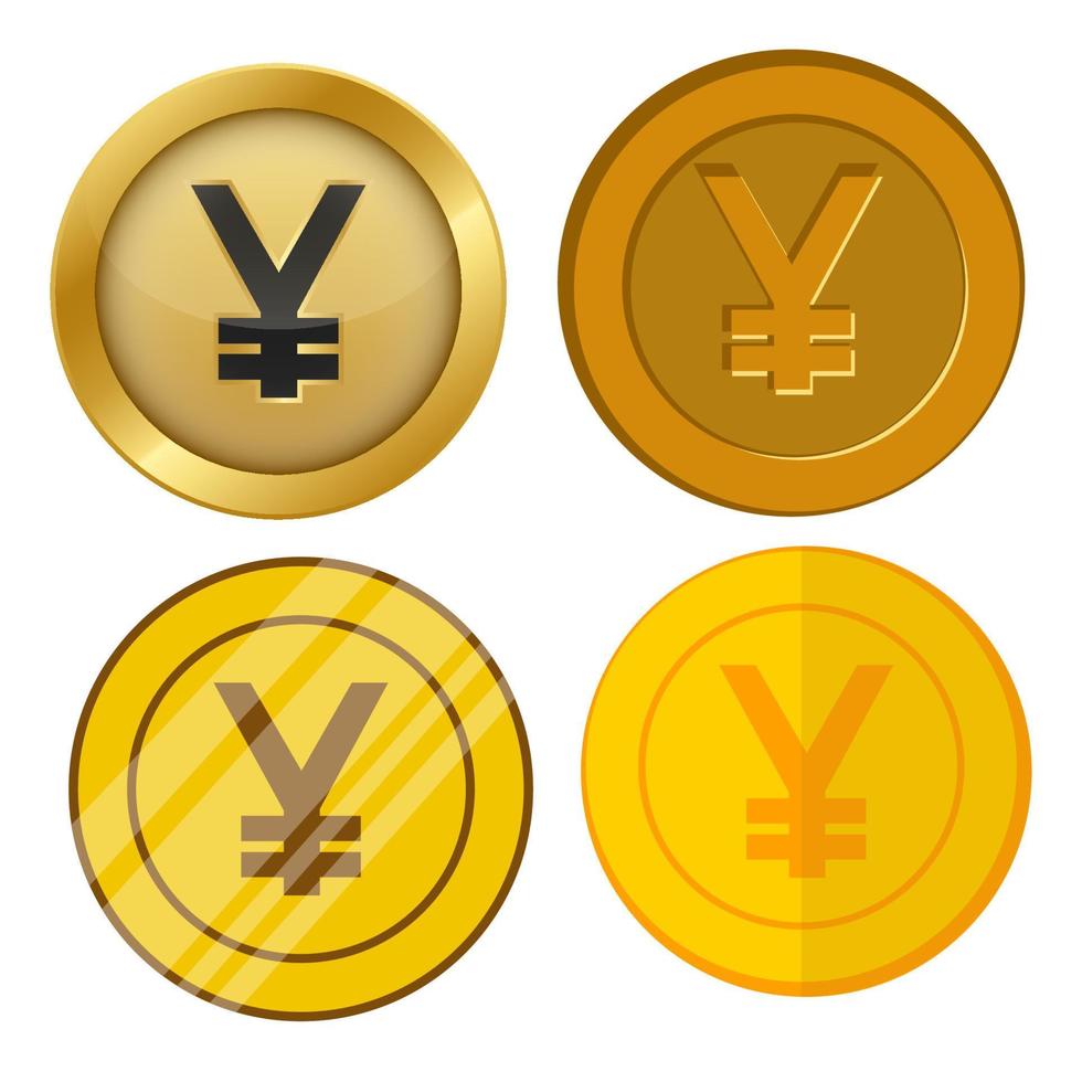 quattro monete d'oro in stile diverso con set vettoriale di simboli di valuta yen