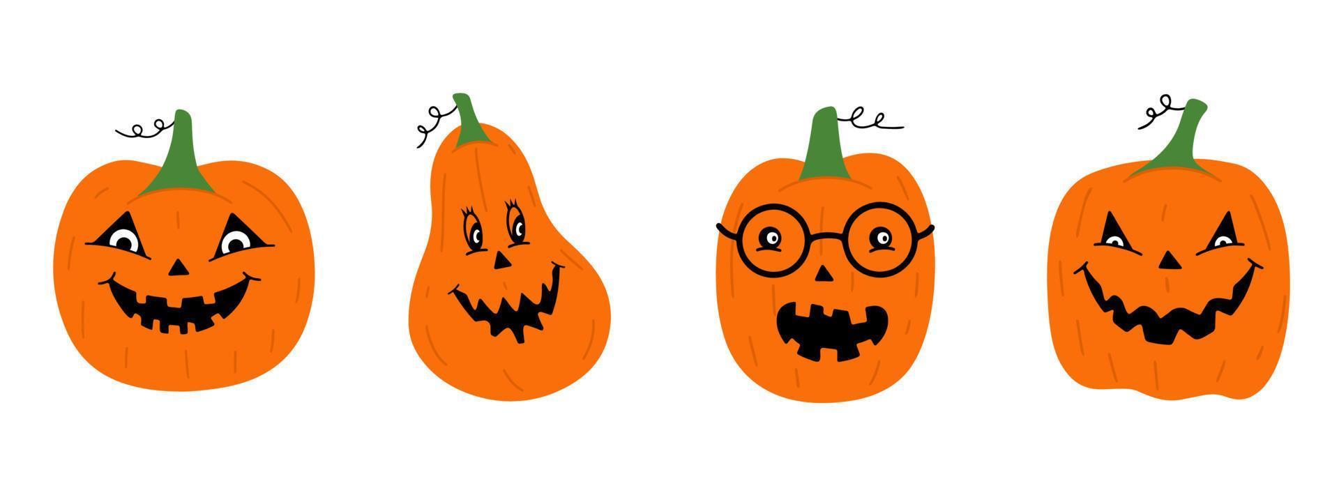 set di zucche di halloween con facce buffe. illustrazione vettoriale. stile cartone animato vettore